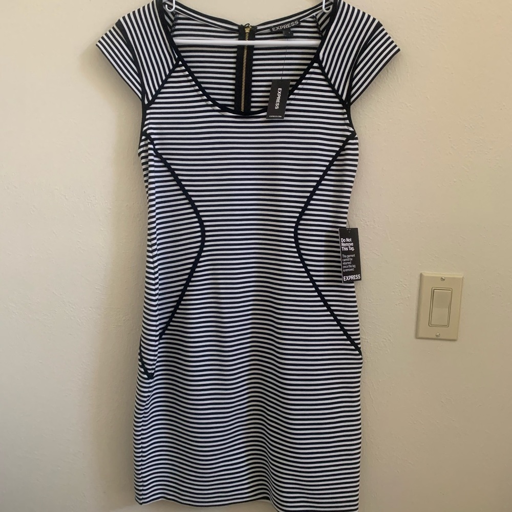 Black and white striped cap sleeve midi dress